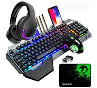 Ensemble combiné Clavier et Souris de Jeu sans Fil et Casque et Tapis de Souris 4 en 1,16 Clavier Rechargeable rétroéclairé RVB avec Repose-Mains, 7 Souris rétroéclairées et écouteurs Bluetooth RVB