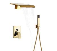 Ensemble combiné de douche encastré mural avec système doré robinet multifonction pommeau cascade, à main