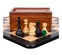 Ensemble combiné du Championnat Fischer Spassky de 1972 - Pièces en buis Noirci avec échiquier en ébène et boîte de Rangement
