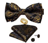 Ensemble complet d'accessoires de luxe pour costume de gala, base noire avec motif cachemire doré, nœud papillon, pochette et boutons de manchette Polyester