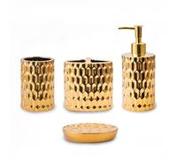 Ensemble complet d'accessoires de salle de bain 4 pièces en céramique avec distributeur de savon et porte-brosse à dents, distributeur de savon, gobelet et porte-savon, doré