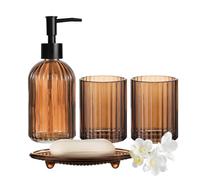 Ensemble complet d'accessoires de salle de bain en verre marron composé d'un distributeur de savon, d'un porte-brosse à dents, d'un gobelet de rinçage et d'un porte-savon pour décoration de salle de