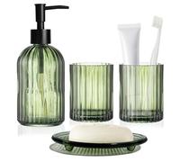 Ensemble complet d'accessoires de salle de bain vert en verre transparent composé d'un distributeur de savon, d'un porte-brosse à dents, d'un gobelet de rinçage et d'un porte-savon pour décoration de