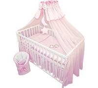 Ensemble complet de 11 pièces sans lit en taille 70x140 en 100% coton avec broderie d'un ourson sur la lune incluant la moustiquaire Rose