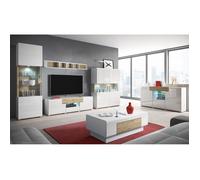 Ensemble complet de 6 meubles de salon collection OHIO. Coloris blanc et effet chêne.