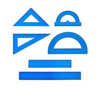 Ensemble complet de 6 outils mathématiques en plastique transparent avec règles, rapporteurs et instruments de mesure triangulaires pour des tâches précises (bleu)