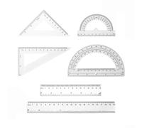 Ensemble complet de 6 outils mathématiques en plastique transparent avec règles, rapporteurs et instruments de mesure triangulaires pour des tâches précises (blanc)