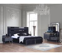 Ensemble complet de chambre à coucher noire de luxe lit double tables de chevet 4pcs