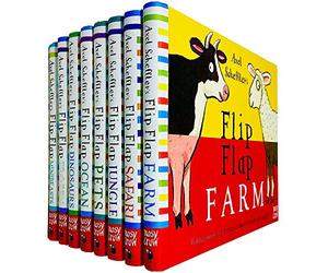 Ensemble complet de collection de 8 livres de la série Flip Flap d'Axel Scheffler (Ferme, Safari, Jungle, Animaux de compagnie, Océan, Dinosaures, La Reine des neiges et mini-bêtes)