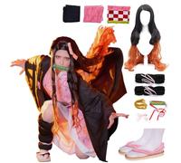Ensemble complet de costume d'Halloween pour femme Kamado Nezuko Party Rôle Cosplay Cape Kimono Tenue W/Chaussures Perruque
