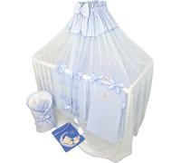ensemble complet de lit d'enfant et de literie Happy Leo 16 pièces avec matelas réglable en hauteur en bois massif pour nouveau-nés et enfants en bas âge (bleu - Teddy Bear Moon)