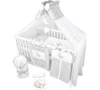 ensemble complet de lit d'enfant et de literie Happy Leo 16 pièces avec matelas réglable en hauteur pour nouveau-nés et tout-petits en bois massif (gris - Teddy Bear Moon)