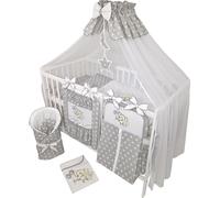 ensemble complet de lit d'enfant et de literie Happy Leo 16 pièces, y compris matelas réglable en hauteur, en bois massif, pour nouveau-nés et enfants en bas âge (gris - éléphants)