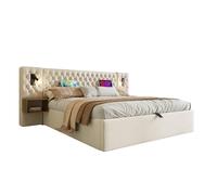 Ensemble complet de lit pour chambre à coucher - Lit rembourré hydraulique - Lit double - 160 x 200 cm - Avec 2 tables de chevet, lampe de lecture avec fonction de charge USB - Beige - Velours (avec