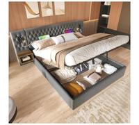 Ensemble complet de lit pour chambre à coucher - Lit rembourré hydraulique - Lit double - 180 x 200 cm - Avec 2 tables de chevet, lampe de lecture avec fonction de charge USB - 261 x 210 x 105 cm -