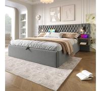 Ensemble complet de lit pour chambre à coucher - Rembourré - Hydraulique - 160 x 200 cm - Avec 2 tables de chevet, lampe de lecture avec fonction de charge USB - 241 x 210 x 105 cm - Gris - Velours