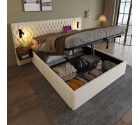 Ensemble complet de lit pour chambre à coucher - Rembourré - Hydraulique - Lit double - 160 x 200 cm - Avec 2 tables de chevet, lampe de lecture avec fonction de charge USB - 241 x 210 x 105 cm -