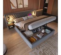 Ensemble complet de lit pour chambre à coucher - Rembourré - Hydraulique - Lit double - 160 x 200 cm - Avec 2 tables de chevet, lampe de lecture avec fonction de charge USB - 241 x 210 x 105 cm - Gris