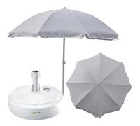 Ensemble complet de parasol + support de parasol pour le jardin - Matériau : polyester/acier/polypropylène - Couleur : gris - Diamètre : 240 cm - Hauteur : 230 cm - Support rond - Couleur : blanc