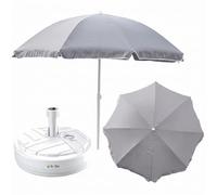 Ensemble complet de parasol + support de parasol pour le jardin - Matériau : polyester/acier/polypropylène - Couleur : gris - Diamètre : 240 cm - Hauteur : 230 cm - Support rond - Couleur : blanc