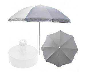 Ensemble complet de parasol + support de parasol pour le jardin - Matériau : polyester/acier/polypropylène - Couleur : gris - Diamètre : 240 cm - Hauteur : 230 cm - Socle blanc - Diamètre : 40 cm