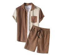 Ensemble complet de smoking pour homme en velours côtelé avec haut et short - Deux pièces - Chemise à manches courtes avec cordon de serrage - Ensemble court élégant pour homme, marron, M