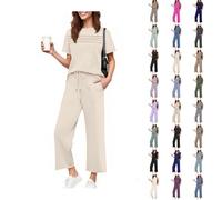 Ensemble complet d'été à manches courtes pour femme avec pantalon à jambes larges et cordon de serrage, 1, S