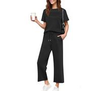 Ensemble complet d'été à manches courtes pour femme avec pantalon à jambes larges et cordon de serrage, 2, L