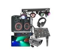 SKYTEC Pack Disco DJ - Enceinte 700W, Jeux de Lumière sur Barre en T Contrôle par Télécommande, Amplificateur 2X 350W, Machine à Fumée avec Liquide Inclus, Table de Mixage