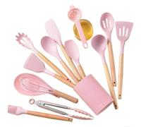 Ensemble complet d'ustensiles de cuisine 14 pièces - Gadgets de cuisine en silicone avec poignées en bois massif, égouttoir à œufs, repose-cuillère, pour pâtisserie à la maison, rose (B)