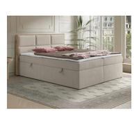 Ensemble complet literie déco tête de lit encadré bois + sommiers coffre + matelas + surmatelas - 160 x 200 cm - Tissu - Beige -