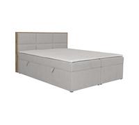 Ensemble complet literie déco tête de lit encadré bois + sommiers coffre + matelas + surmatelas - 160 x 200 cm - Tissu - Gris clair - SIAKI de YSMEE