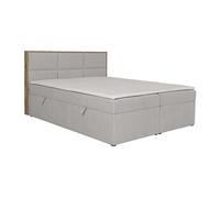 Ensemble complet literie déco tête de lit encadré bois + sommiers coffre + matelas + surmatelas - 180 x 200 cm - Tissu - Gris clair - SIAKI de YSMEE