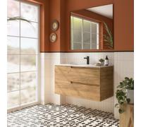 Ensemble complet meuble salle de bains, vasque et miroir 100cm 2 tiroirs Chêne Africain VIMA - SALGAR 111776