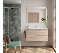 Ensemble complet meuble salle de bains, vasque et miroir 100cm 2 tiroirs Chêne Naturel VIMA - SALGAR 113620