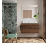 Ensemble complet meuble salle de bains, vasque et miroir 100cm 2 tiroirs Noyer Maya VIMA - SALGAR 113489