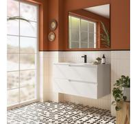 Ensemble complet meuble salle de bains, vasque et miroir 100cm 2 tiroirs White Satin VIMA - SALGAR 111772