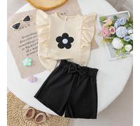 Ensemble composé d'un top à col polo sans manche avec broderie de fleurs et d'un short à taille élastique avec ourlet volant, style estival pour jeune fille 6Y,7Y,4Y,5YUnicolore,PlantesÉtoffe,Polyeste