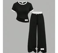 Ensemble coordonné de t-shirt et pantalon pour filles préadolescentes, t-shirt basique ajusté en maille côtelée noir & blanc contrasté, pantalon ample avec ceinture contrastée et poches, patch tissé,
