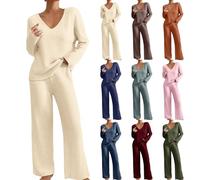 Ensemble coordonné en deux pièces en maille pour femme, tenue de maison côtelée, ensemble de salon d'hiver, élégant, uni, tenue de jogging, col rond, vêtements d'intérieur, pantalons larges, tenue de