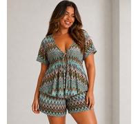 Ensemble coordonné grande taille avec Top en tricot à col V rayé multicolore avec nœud devant, taille empire et manches courtes, et short à taille élastique 0XL,1XL,2XL,3XL,4XLTout ImpriméTissu tricot