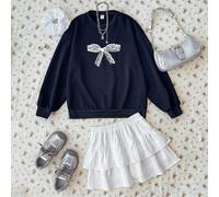 Ensemble coordonné pour adolescentes avec sweat-shirt à capuche avec nœud papillon et mini-jupe blanche. Convient pour les sports, la rentrée scolaire, mignon 14Y,13Y,16Y,15YPolyester