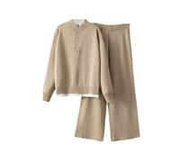 Ensemble coréen ample 2 pièces pour femme - Col rond - Manches longues - Pull tricoté - Pantalon droit décontracté, kaki, M