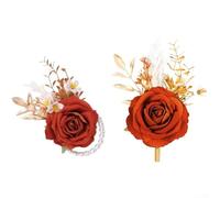 Ensemble corsage et boutonnière avec rose artificielle avec verdure au toucher réaliste, bracelet de poignet réglable, épingle et clip de fixation pour événements formels (orange)