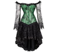 Ensemble corset à manches longues en dentelle avec jupe haute-basse, ensemble corset vintage en dentelle jacquard pour Halloween, cosplay, fête (vert, S)