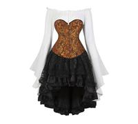 Ensemble corset de pirate - Robe corset vintage en brocart jacquard avec chemise à manches cloches et jupe steampunk haute-basse, robe gothique pour fêtes à thème de costumade (gingembre, taille M)
