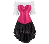 Ensemble corset gothique steampunk trois pièces - Corset en satin style cour arête de poisson, chemisier à manches bulles et jupe haute-basse | Costume d'Halloween (rose, S)