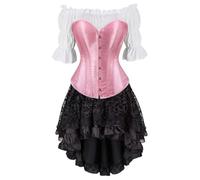 Ensemble corset gothique steampunk trois pièces - Corset en satin style cour arête de poisson, chemisier à manches bulles et jupe haute-basse | Costume d'Halloween (rose, taille XS)