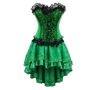 Ensemble corset steampunk pour femme - Costume bustier en dentelle de la Renaissance avec jupe asymétrique en satin (vert, taille XL)
