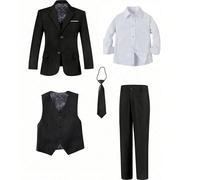 Ensemble costume 5 pièces pour jeunes garçons, Tuxedos, tenue de cérémonie, costume de garçon d'honneur, blazer, gilet, pantalon, chemise, cravate, costumes habillés, Noir Taille 6-16 ans 6Y,7Y,8Y,10Y